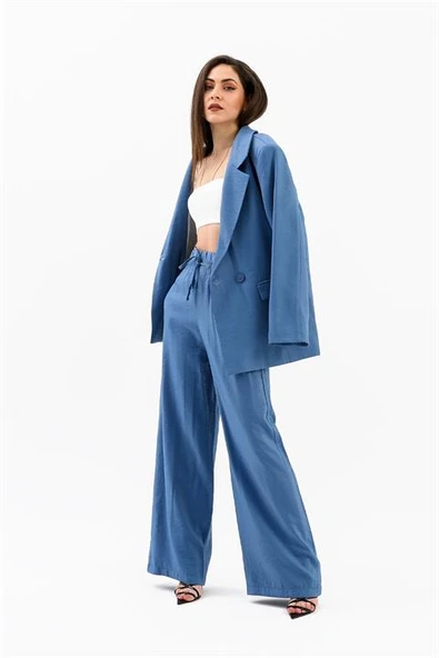 Kruvaze Yaka Parlak Keten Blazer Ceket - İndigo - Resim 4