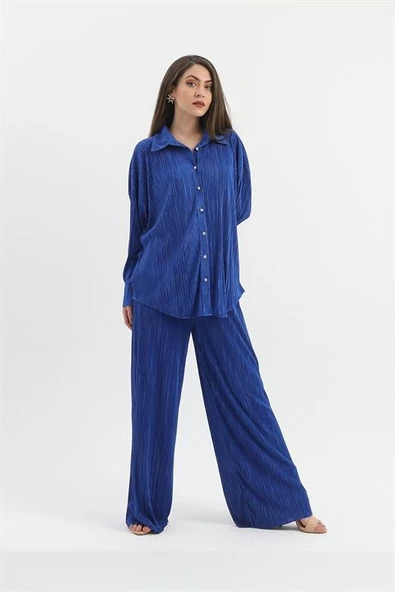 Düğme Detaylı Örme Pilise Takım - SaksMavisi - Resim 2