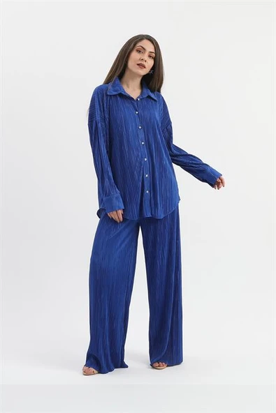 Düğme Detaylı Örme Pilise Takım - SaksMavisi - Resim 4