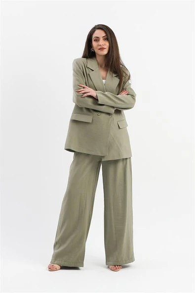 Kruvaze Yaka Parlak Keten Blazer Ceket - Haki - Resim 4