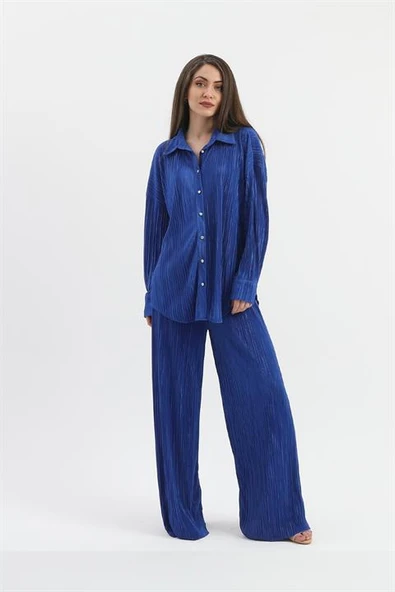 Düğme Detaylı Örme Pilise Takım - SaksMavisi - Resim 3