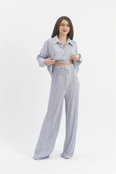 Düğme Detaylı Örme Pilise Takım - Gri - Resim 6