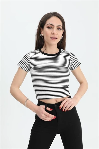 Bluz Bisiklet Yaka Çizgili Kaşkorse - Ekru ürün görseli 1