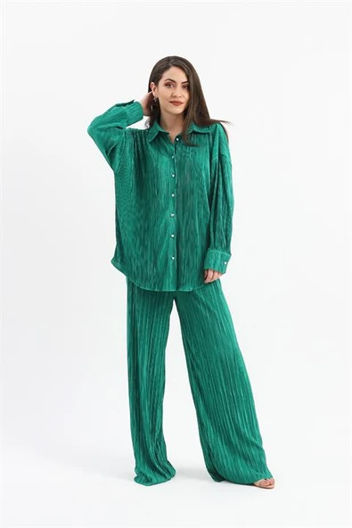 Düğme Detaylı Örme Pilise Takım - Yeşil - Resim 2