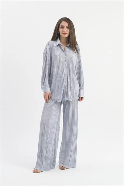 Düğme Detaylı Örme Pilise Takım - Gri - Resim 2