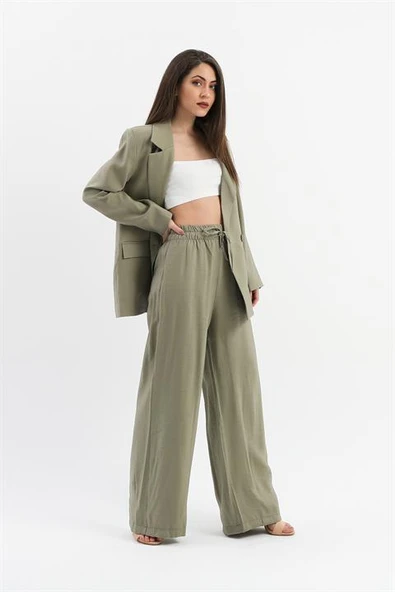 Kruvaze Yaka Parlak Keten Blazer Ceket - Haki - Resim 3