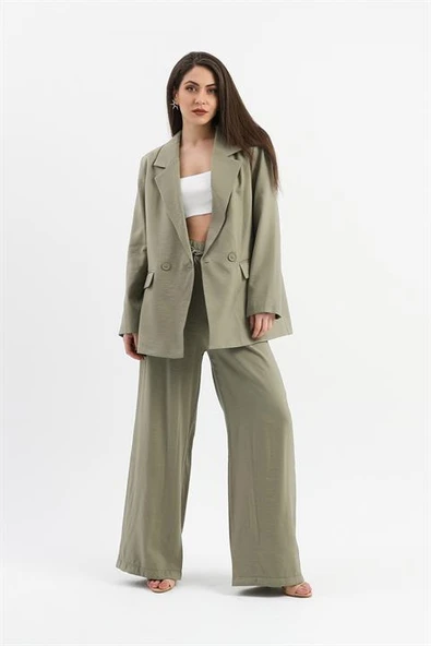 Kruvaze Yaka Parlak Keten Blazer Ceket - Haki ürün görseli 1
