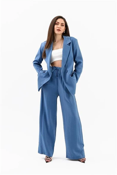 Kruvaze Yaka Parlak Keten Blazer Ceket - İndigo - Resim 3