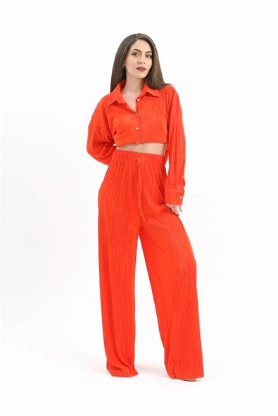 Düğme Detaylı Örme Pilise Takım - Turuncu - Resim 3