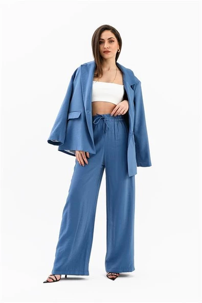 Kruvaze Yaka Parlak Keten Blazer Ceket - İndigo ürün görseli 1