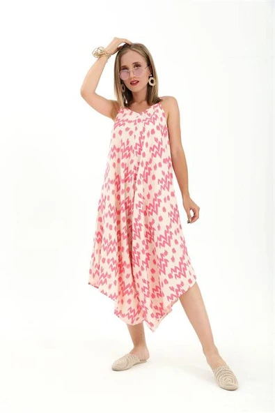 Tulum Ayarlanabilir Askılı Keten Desenli - Fuşya - Resim 2