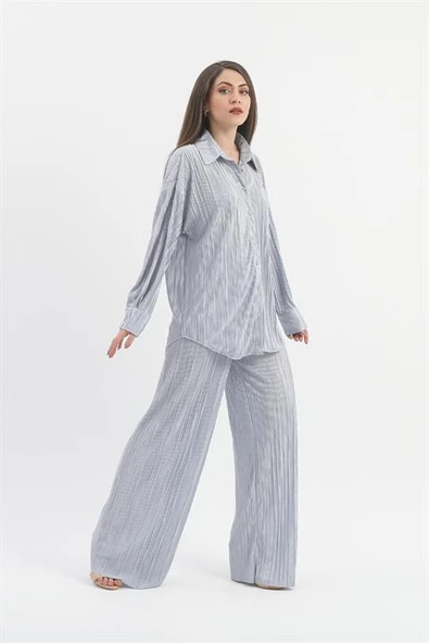 Düğme Detaylı Örme Pilise Takım - Gri - Resim 4