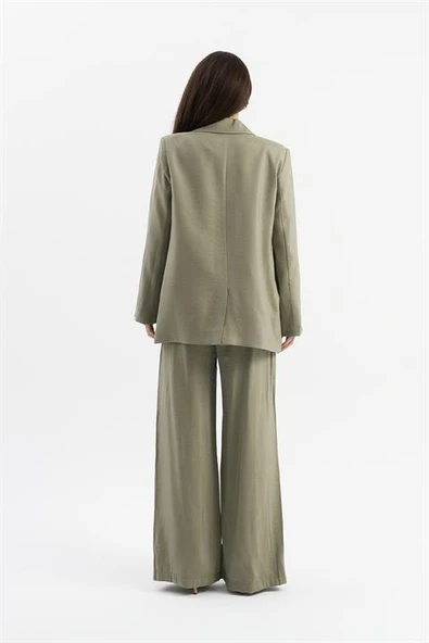 Kruvaze Yaka Parlak Keten Blazer Ceket - Haki - Resim 6
