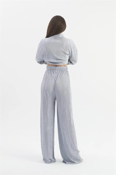 Düğme Detaylı Örme Pilise Takım - Gri - Resim 7