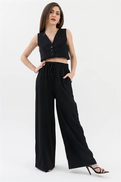 Beli Lastikli Cepli Poliviskon Pantolon - Siyah ürün görseli 1