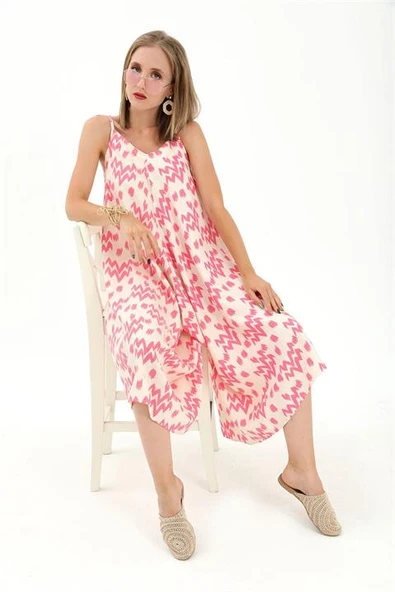 Tulum Ayarlanabilir Askılı Keten Desenli - Fuşya - Resim 5