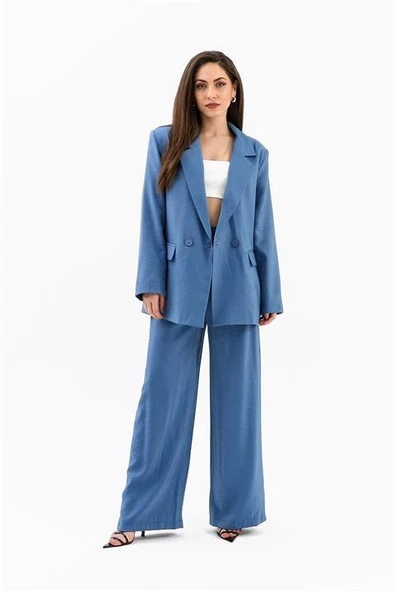 Kruvaze Yaka Parlak Keten Blazer Ceket - İndigo - Resim 2