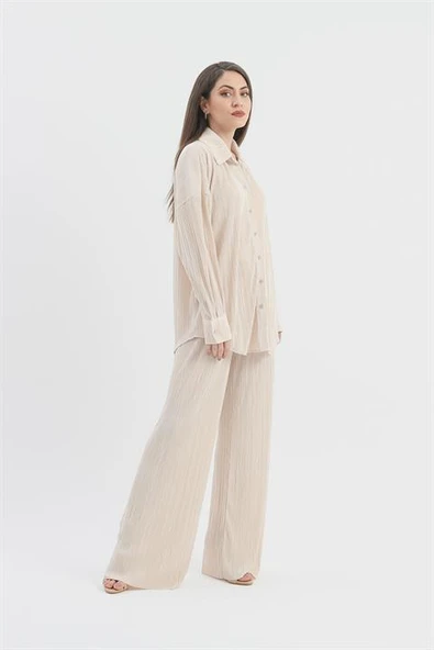 Düğme Detaylı Örme Pilise Takım - Bej - Resim 3