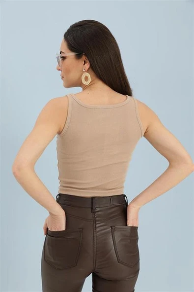 Atlet Önü Büzgülü Crop - Bej - Resim 3