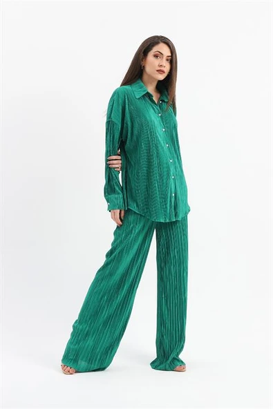 Düğme Detaylı Örme Pilise Takım - Yeşil - Resim 3