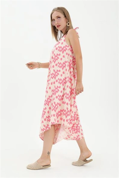 Tulum Ayarlanabilir Askılı Keten Desenli - Fuşya - Resim 4