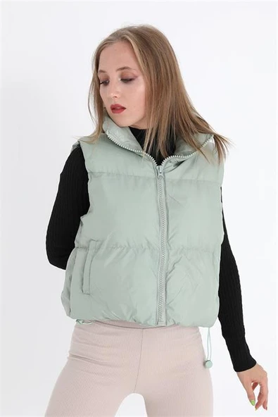 Yelek Önü Fermuarlı Paraşüt Kumaş - Mint Yeşili - Resim 5