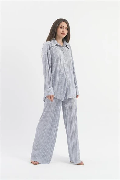 Düğme Detaylı Örme Pilise Takım - Gri - Resim 3