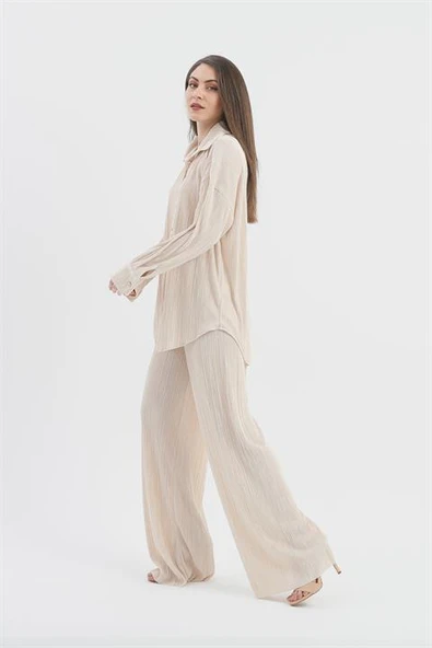 Düğme Detaylı Örme Pilise Takım - Bej - Resim 4