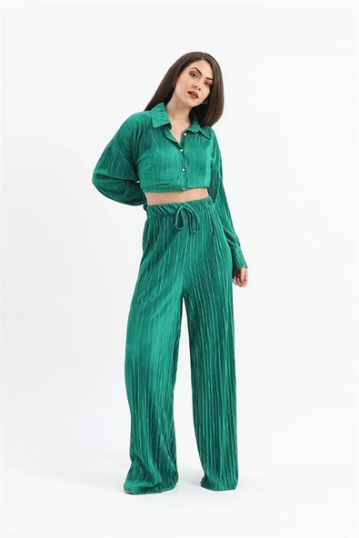 Düğme Detaylı Örme Pilise Takım - Yeşil - Resim 5