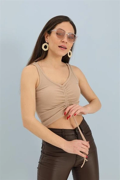Atlet Önü Büzgülü Crop - Bej - Resim 2