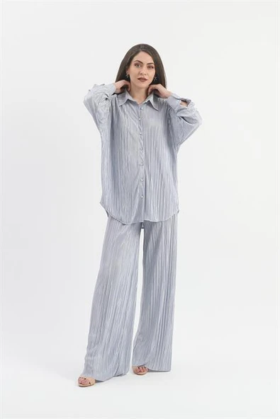 Düğme Detaylı Örme Pilise Takım - Gri ürün görseli 1