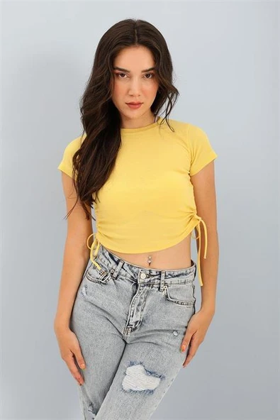 Bluz Bisiklet Yaka Yanları Büzgülü - Hardal - Resim 3