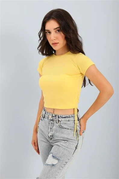 Bluz Bisiklet Yaka Yanları Büzgülü - Hardal ürün görseli 1