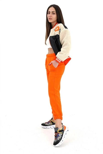 Beli ve Paçası Lastikli Yüksek Bel Üç İplik Eşofman Altı - Oranj - Resim 3