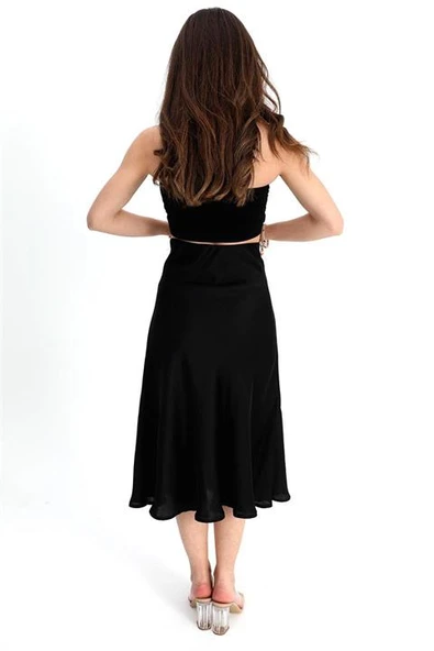 Etek Midi Boy Saten Beli Lastikli - Antrasit - Resim 4