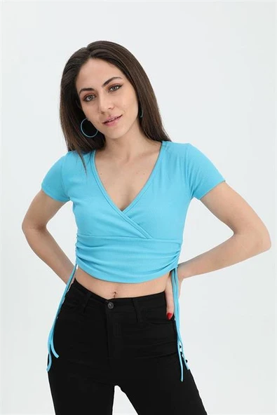 Bluz Kruvaze Yaka Yanları Tünelli - Açık Mavi ürün görseli 1