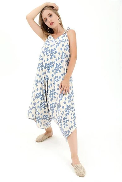 Tulum Ayarlanabilir Askılı Keten Desenli - İndigo - Resim 2