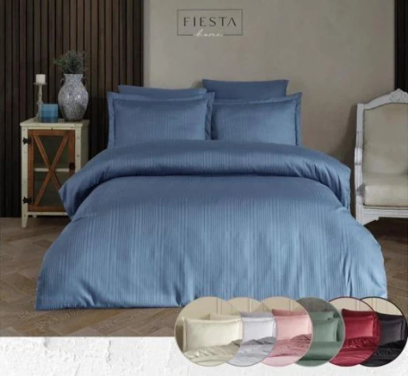 Fiesta Stripe Saten Çift Kişilik Nev Takımı Mila Duman Mavisi
