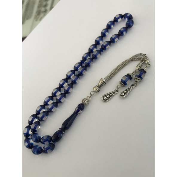 Mavi Sürmeli Model Beyzi Kesim Toz Kehribar Tesbih - 2