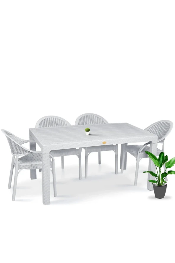 Almina Bambu Rattan Takım 90X150 4 Kişilik Bahçe Balkon Masa Takımı 4 Kişilik Camsız Set