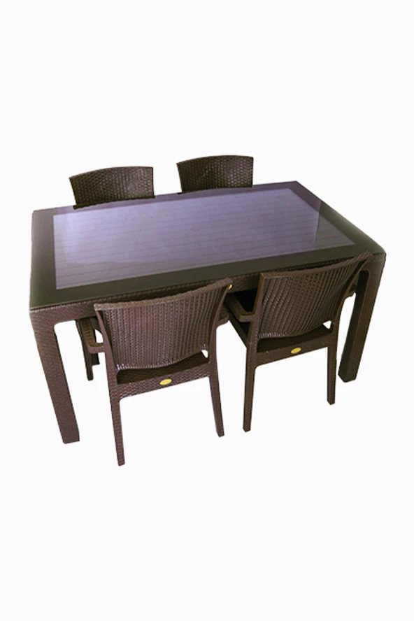 Almina Rattan Masa Takımı 80x140 Camlı Masa 4 Kişilik Rattan Sandalye Seti Bahçe Balkon Teras Takımı