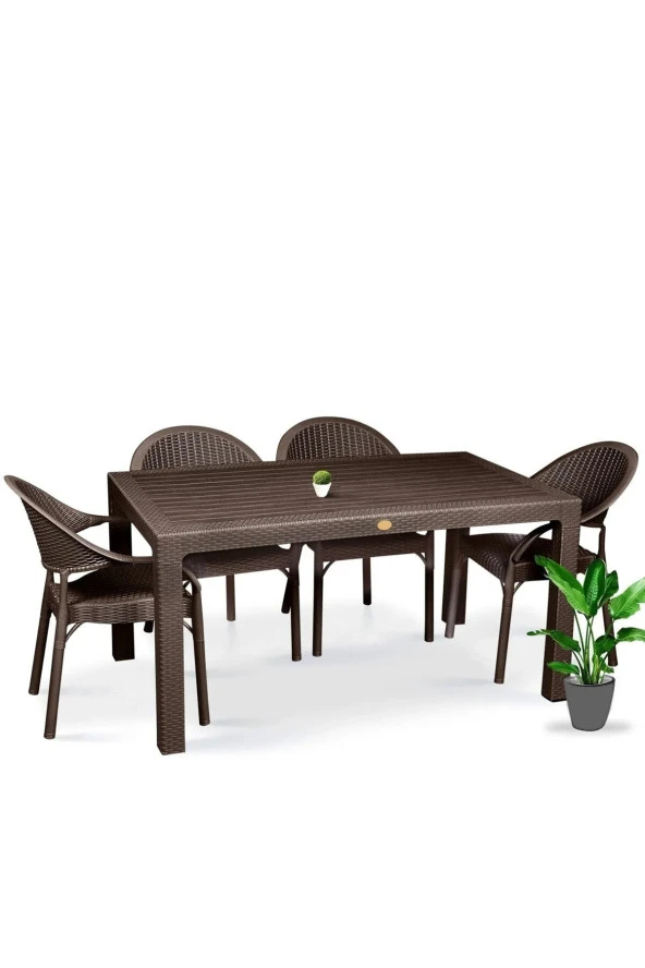 Almina Bambu Rattan Takım 90X150 4 Kişilik Bahçe Balkon Masa Takımı 4 Kişilik Camsız Set