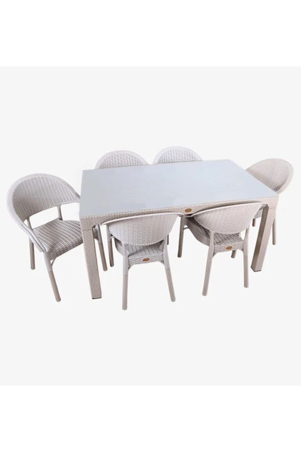 Almina Rattan Masa Takımı 80x140 Camlı Masa 6 Kişilik Bambu Sandalye Seti Bahçe Balkon Teras Takımı