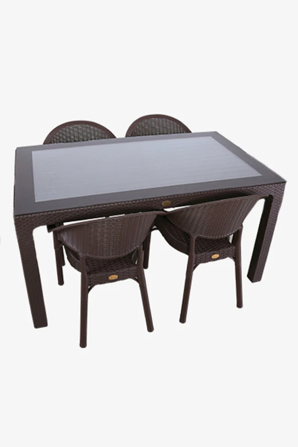 Almina Rattan Masa Takımı 90x150 Camlı Masa 4 Kişilik Bambu Sandalye Seti Bahçe Balkon Teras Takımı ürün görseli 1