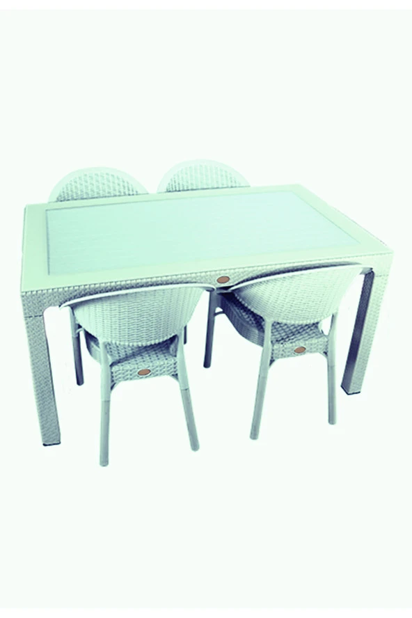 Almina Rattan Masa Takımı 90x150 Camlı Masa 4 Kişilik Bambu Sandalye Seti Bahçe Balkon Teras Takımı