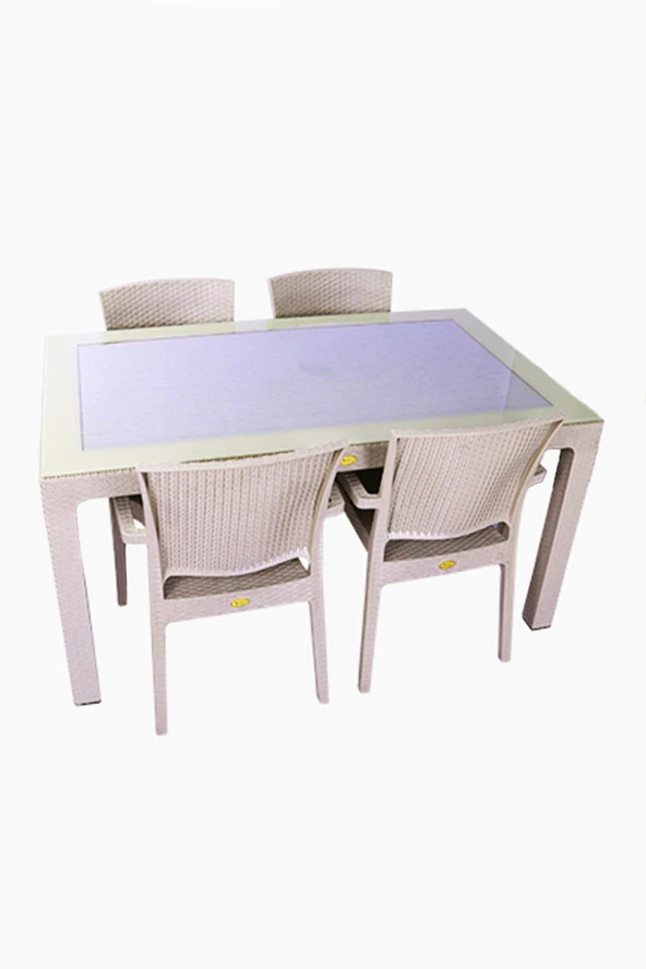Almina Rattan Masa Takımı 90x150 Camlı Masa 4 Kişilik Rattan Sandalye Seti Bahçe Balkon Teras Takımı