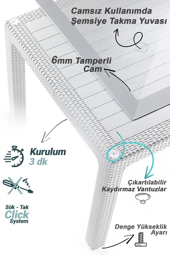 Almina Rattan Masa Takımı 90x150 Camlı Masa 4 Kişilik Bambu Sandalye Seti Bahçe Balkon Teras Takımı - 3
