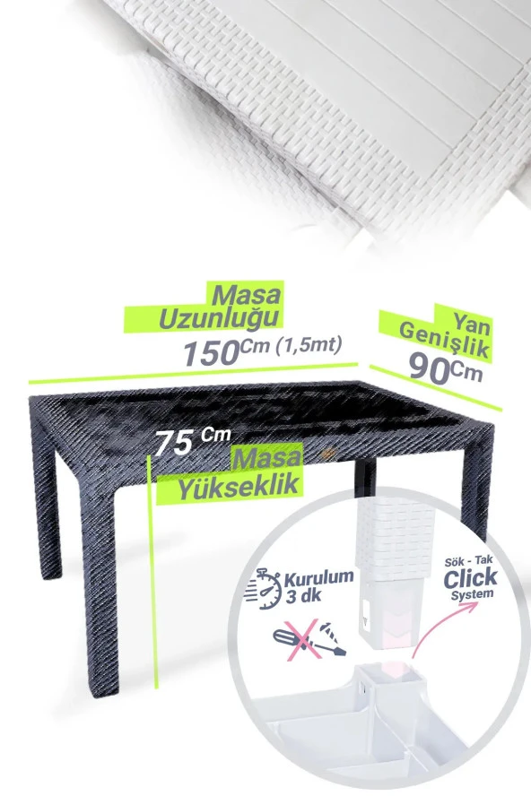 Almina Rattan Masa Takımı 90x150 Camlı Masa 4 Kişilik Bambu Sandalye Seti Bahçe Balkon Teras Takımı - 4