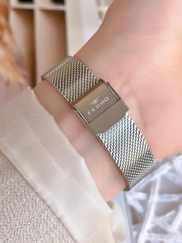 FERRO Silver Hasır Kordonlu Renk Atmaz 30 Metre Suya Dayanıklı Özel Tasarım Kadın KolSaati 21297 - Resim 4