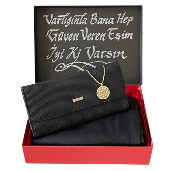 Kadın Hediye Seti Siyah Penye Şal Karlino Deri Cüzdan Kolye